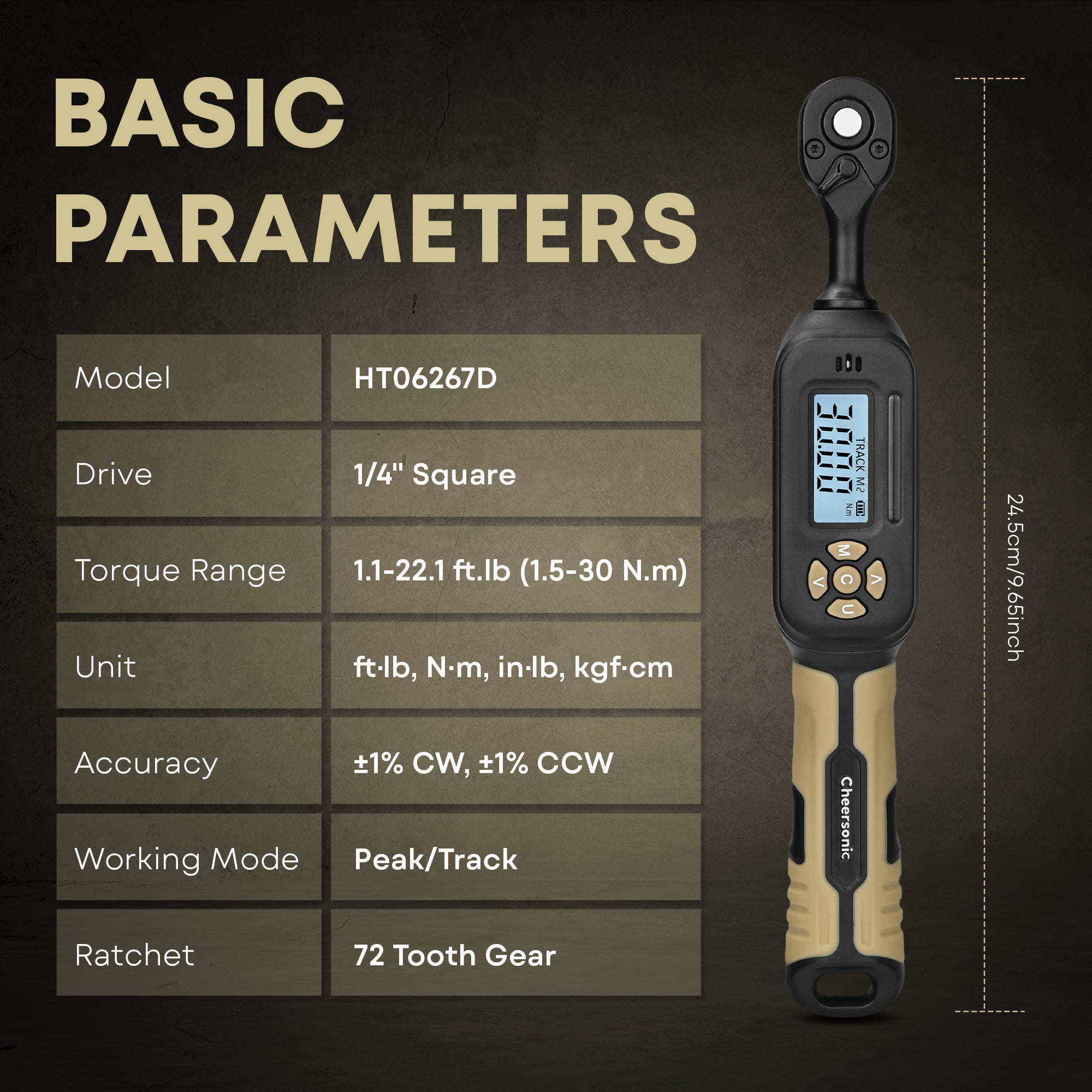 1/4” digital torque wrench, 1.1-22.1 ft.lb (1.5-30 N.m) ±1% Accuracy Inch Pound Torque Wrench with Buzzer & LED Alert for Bicycle, Motorcycle, Automotive Interior, Gunsmithing