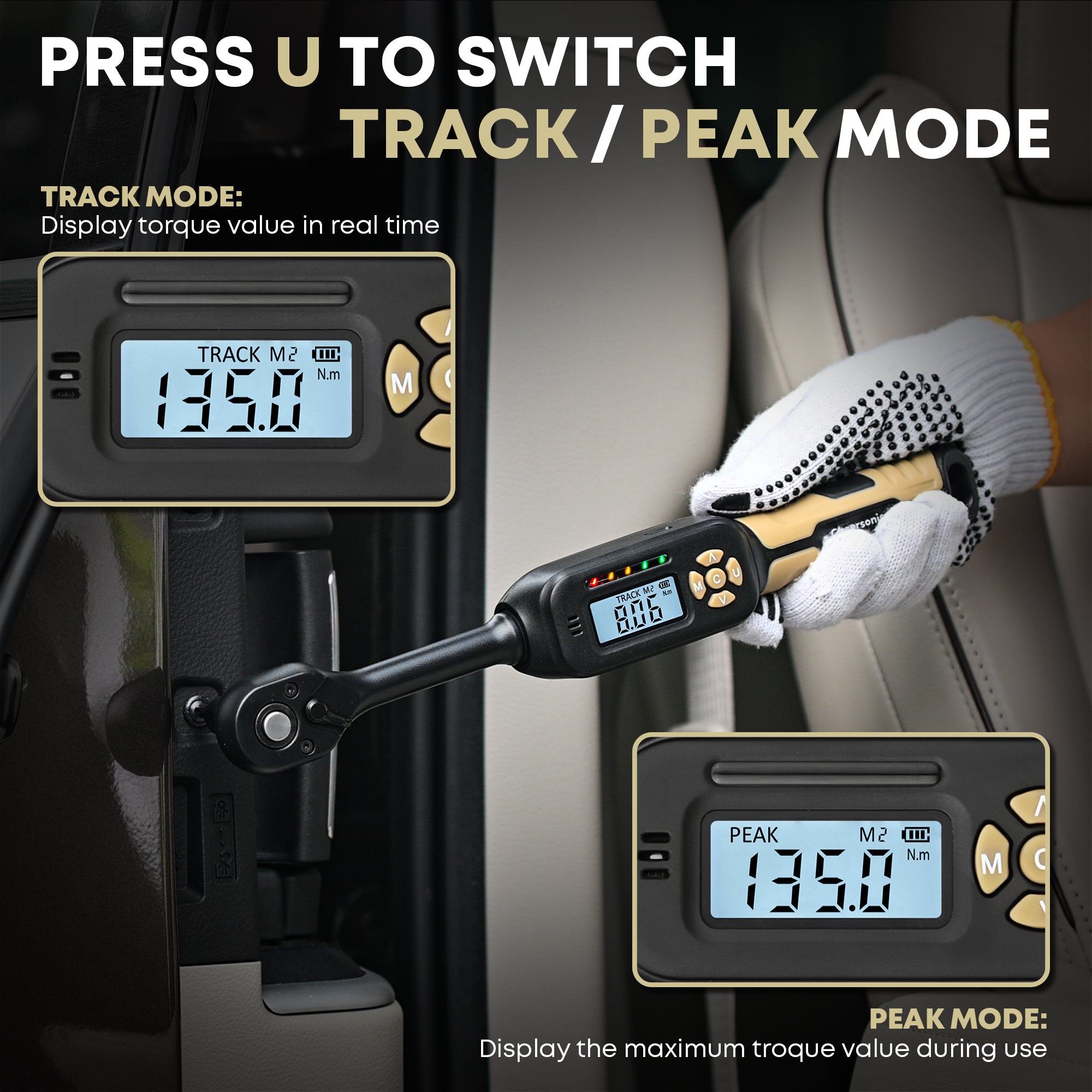 3/8” Digital Torque Wrench, 5-99.6 ft.lb (6.8-135 N.m) ±1% Accuracy Inch Pound Torque Wrench with Buzzer & LED Alert for Bicycle, Motorcycle, Auto Repair, ATV