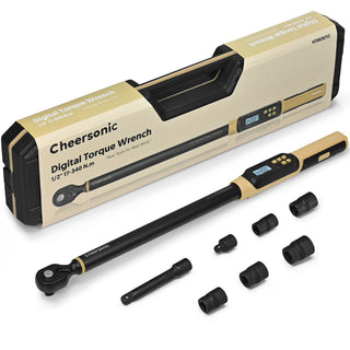 Cheersonic 1/2 inch heavy-duty digital torque wrench set (17-340Nm) with industrial sockets and carrying case.