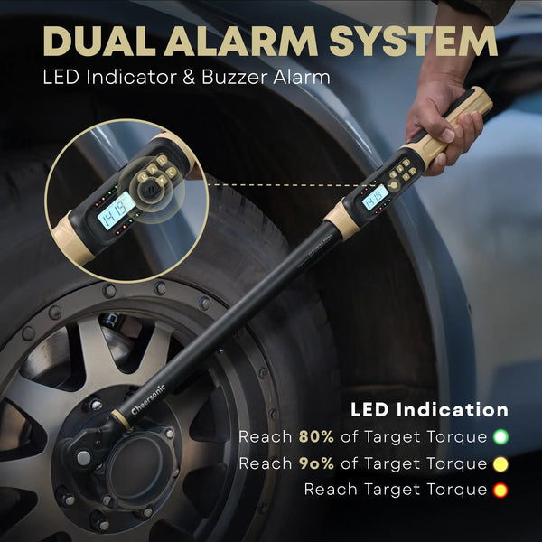 Industrial grade ±1% high accuracy digital torque wrench with official calibration certification for heavy machinery.