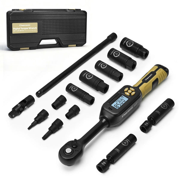 Cheersonic 3/8 inch digital torque wrench tool set (4.25-85Nm) with swivel spark plug sockets and extension bar.
