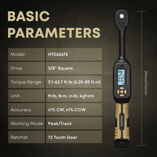 Cheersonic digital torque wrench dual alarm system with LED indicator and buzzer for engine maintenance.