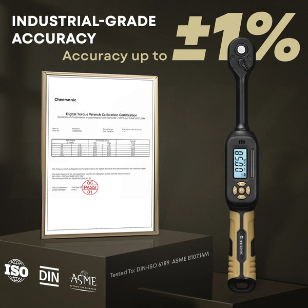High precision industrial grade digital torque wrench with ±1% accuracy and official calibration certificate.