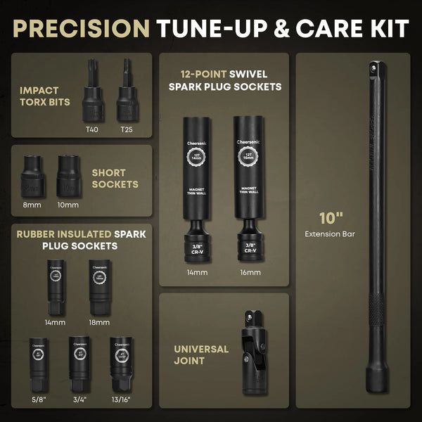 Precision tune-up kit components including 3/8 drive torque wrench and 10 inch extension bar.