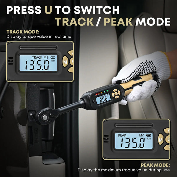 High precision industrial grade digital torque wrench with ±1% accuracy and official calibration certification.