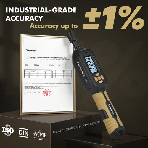 Industrial grade digital torque screwdriver with ±2% high accuracy and official calibration certificate for laboratory use.