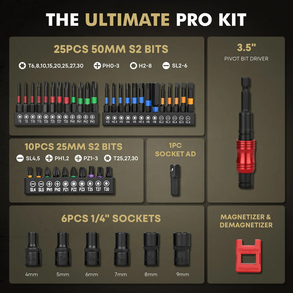 Complete precision tool kit components including digital screwdriver, 10 bits, and adjustment tools.